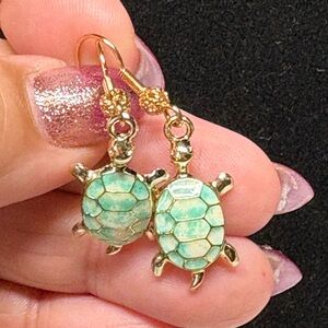 Gold and Green Turtle Earrings